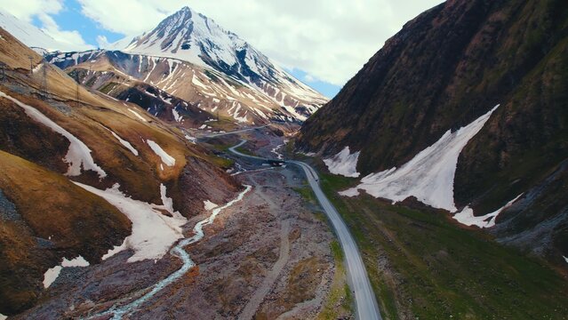 aerial view of Dariali gorge, Kazbegi district, Mtskheta-Mtianeti region, Georgia. High quality photo