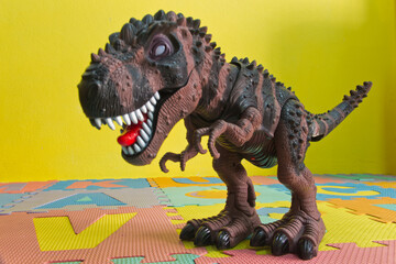 Tyrannosaurus T-rex, plastic toy, dinosaur with milkshake isolated on white background, resin...