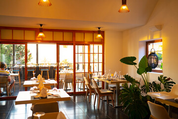 Interior of a new empty hotel restaurant