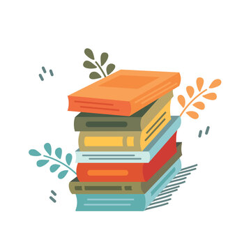 Stack of books in flat style icon. Pile of books isolated on white background. Colorful illustration. Pile of volumes surrounded by plants as symbol of education. For library or bookstore.