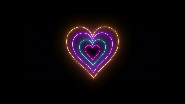 Animated Glowing Colorful Neon Heart Flickering In The Dark, Background Glowing Pink, Blue, Purple and Orange Lights. Creative Magical Pattern Design. Dancing Star Isolated on Black Background