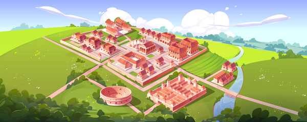 Rome isometric landscape with antique city building on hill vector cartoon game background. Capitol temple and basilica with square, roman forum, taberna and insula, military camp, river with bridge - obrazy, fototapety, plakaty