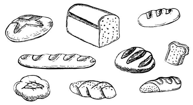 Bakery products. Bread, loaf, loaf. Black. Outline drawing by hand. Graphics. Vector. Used for printing, advertising, covers, web design.