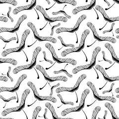 Seamless maple seed pattern in sketch style. Silhouettes on white background. Leaves in the shape of helicopter blades. Autumn. Monochrome. Mystical skeletons of leaves.