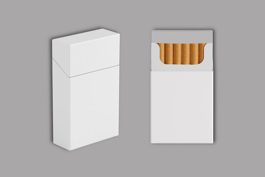 Packet of cigarettes open, closed, empty, filled realistic mockups set isolated on a grey background. Copy space. Place for image. Front and side view. 3d rendering.