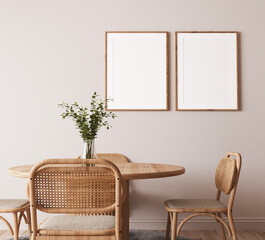 Frame mockup in Scandinavian wooden dining room, minimal bright design on beige interior background, 3d render 