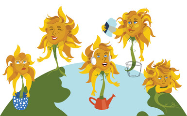 Mix of of cartoon sunflowers with different emotions on planet. Protection of the surrounding land