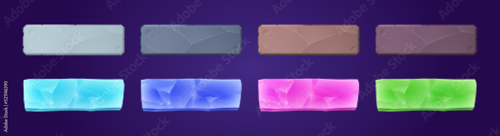Poster stone and crystal game ui app buttons, icons, boards or plaques set. cartoon rocky and glossy menu i