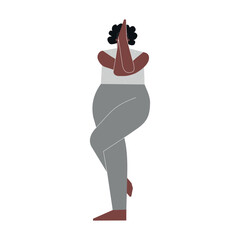 Vector isolated illustration with flat african american female character. Sportive woman learns Balancing posture Garudasana at yoga class. Fitness exercise - Eagle Pose