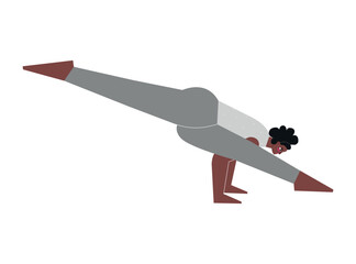 Vector isolated flat concept with female african american character. Sportive exercise - Pose Dedicated to the Sage Koundinya I. Strong woman learns posture - Eka Pada Koundinyanasana I