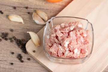 Fresh raw minced meat with spices ready for cooking for home cooking