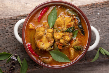 Catfish Curry. Thai food on dark background. Traditional food concept. Top View, Flat Lay, Copy Space