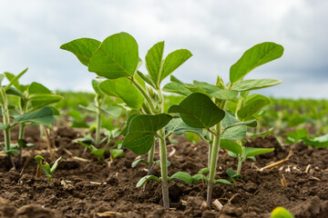 Fresh green soy plants on the field in spring. Rows of young soybean plants