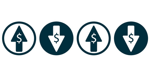Dollar appreciation icon set. Money symbol with a stretching up and down arrow. The business cost of selling. Increase in wages.