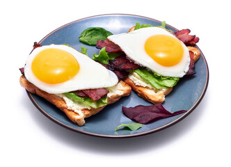 Fried eggs, bacon and cream cheese sandwiches on a plate on wooden table at domestic kitchen