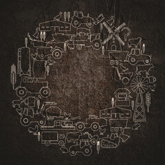 Circle frame with icons of agriculture and farming. Illustration or background for eco products and agricultural presentation.