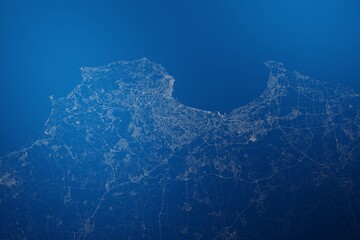 Stylized map of the streets of Algiers (Algeria) made with white lines on abstract blue background lit by two lights. Top view. 3d render, illustration