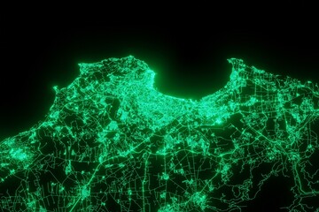 Map of the streets of Algiers (Algeria) made with green illumination and glow effect. Top view on roads network. 3d render, illustration - obrazy, fototapety, plakaty