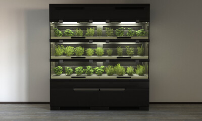 Vertical hydroponic farm. Home garden for growing herbs. 3d illustration