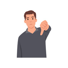 Fototapeta premium Young man showing thumbs down sign, dislike, looks with negative expression and disapproval. Disagreement. Flat vector illustration isolated on white background