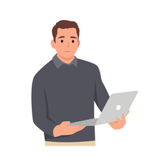 Young man holding laptop computer and smiling while standing. Flat vector illustration isolated on white background