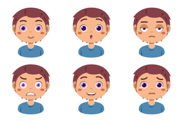 Collection of face expressions cute children cartoon character design. Different emotions boy Vector illustration. Face of smiling, crying, anger, surprise, indifferent isolated on white background.