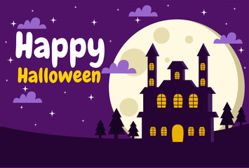 happy halloween background design in purple color for banner, poster, cover and more.