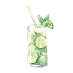 Beautiful image with watercolor hand drawn alcohol mojito cocktail lemonade glass. Stock clip art illustration.