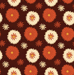 Seamless retro pattern with groovy flowers on dark background. Vector hippie texture with white and red flowers.