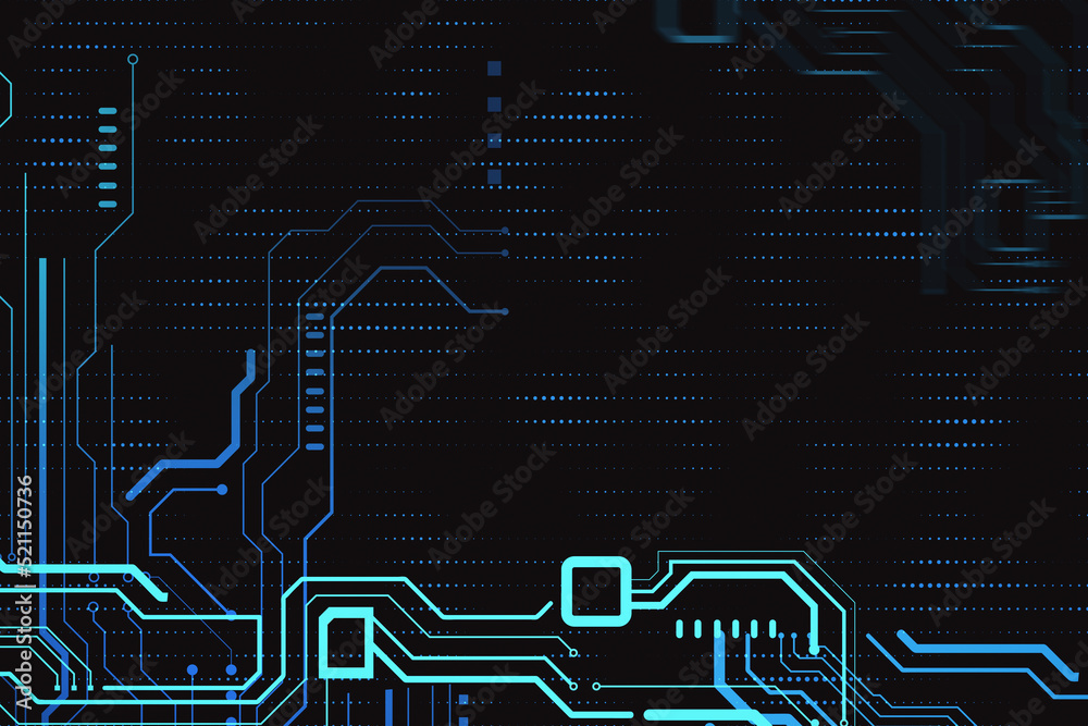 Poster High-tech sensor circuit board panel. Technology and digital communication concept on dark backdrop. 3D Rendering.