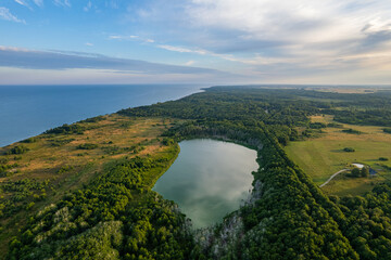 Aerial summer beautiful morning view of Plazė (Plocis) lake, near Klaipeda and Palanga, Lithuania