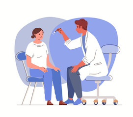 Male neurologist examines woman with injury, concussion, checks reaction of her eyes with flashlight. Patient on planned medical examination in hospital. Vector illustration.