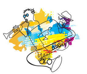 
 Jazz theme,expressive drawing, trumpet player and saxophonist.
 Expressive Illustration of two jazz musicians, continuous line drawing design. Isolated on white background. Vector available.