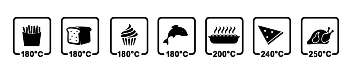 Cooking temperature icons. Flat black and white symbol of degrees Celsius. Technology sign.