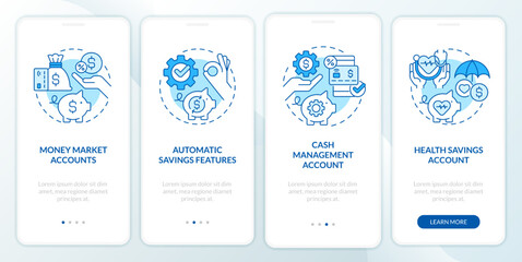 Saving accounts types blue onboarding mobile app screen. Finance walkthrough 4 steps editable graphic instructions with linear concepts. UI, UX, GUI template. Myriad Pro-Bold, Regular fonts used