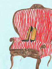 fashion sketch. heels on the chair. watercolor and gouache on paper. illustration