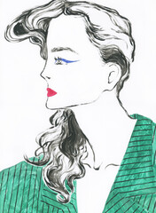 fashion sketch. woman partrait. watercolor illustration