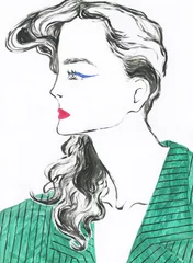 Tuinposter fashion sketch. woman partrait. watercolor illustration © Anna Ismagilova