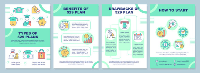 College savings plan green brochure template. Education. Leaflet design with linear icons. Editable 4 vector layouts for presentation, annual reports. Arial-Black, Myriad Pro-Regular fonts used