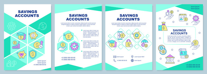 Fototapeta na wymiar Savings accounts mint brochure template. Money management. Leaflet design with linear icons. Editable 4 vector layouts for presentation, annual reports. Arial-Black, Myriad Pro-Regular fonts used