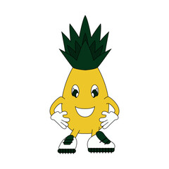 healthy food is a modern funny illustration in the style of the 90s. Image of a smiling pineapple