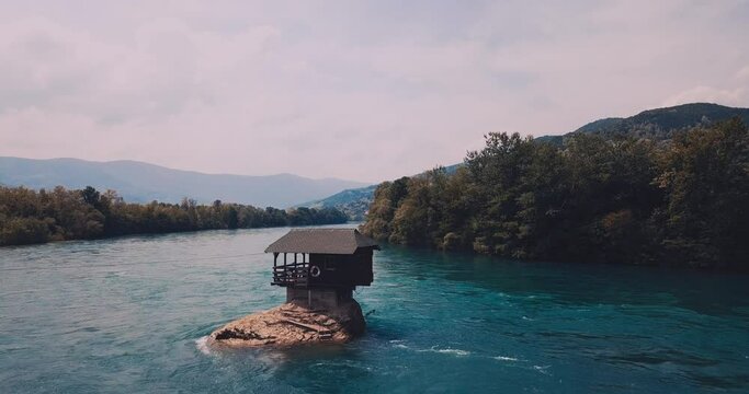 A house on a rock on the Drina River in Serbia
