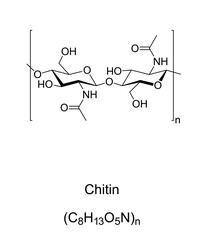 Chitin, chemical formula and structure. Long chain polymer of N-acetylglucosamine, 2nd most abundant polysaccharide in nature after cellulose. Primary component of cell walls in insect exoskeletons. - obrazy, fototapety, plakaty