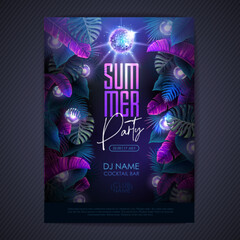 Summer tropic disco party poster with fluorescent tropic leaves and modern electric lamps. Nature concept. Summer background. Vector illustration