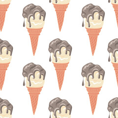 Seamless pattern with swirled soft vanilla ice cream with chocolate syrup in a waffle cone. Ideal for fabric, printing, decoration. Vector illustration