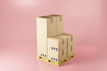 Cardboard boxes stacking various size on wooden pallet 3D illustration delivery packing  and transportation shiping logistics storage on pink background