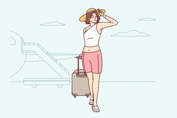 Happy woman with suitcase in airport ready for summer vacation. Smiling girl in hat with baggage excited about summertime holidays. Vector illustration. 