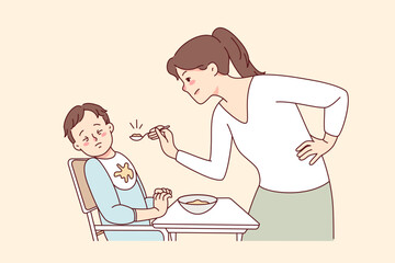 Stubborn baby refuse eating food. Mother feed ill-behaved toddler at home. Parenthood and children upbringing problems. Vector illustration.  - obrazy, fototapety, plakaty