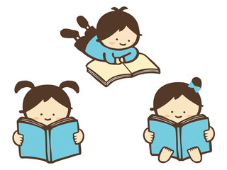 かわいい読書をする子どものセット素材／手描きイラスト素材