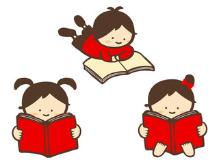 かわいい読書をする子どものセット素材／手描きイラスト素材